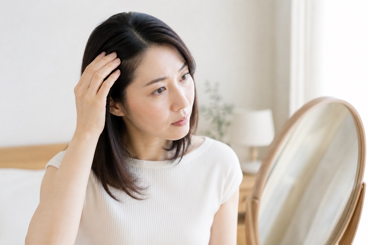 頭皮のフケが気になり鏡を見ながら髪に触れる女性