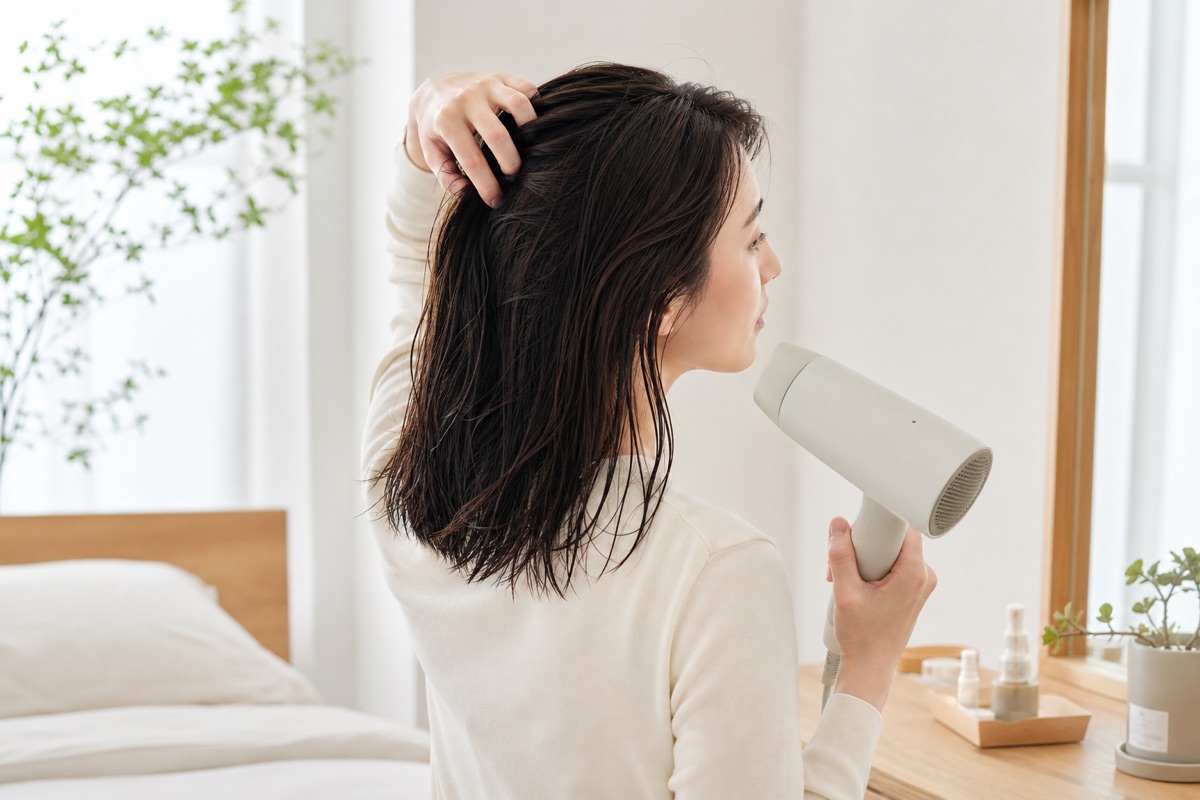 洗髪後の濡れた髪の根元を手で持ち上げながらドライヤーで乾かす女性