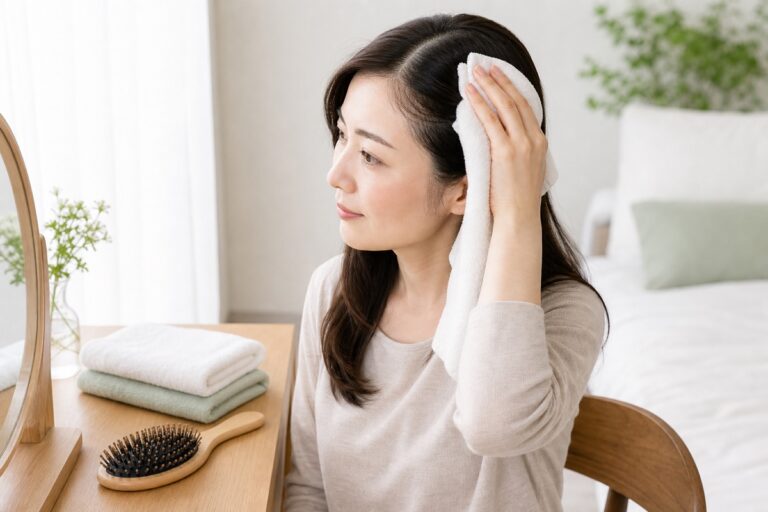 シャンプーできない日に清潔なタオルで髪の分け目と頭皮をやさしく拭く女性