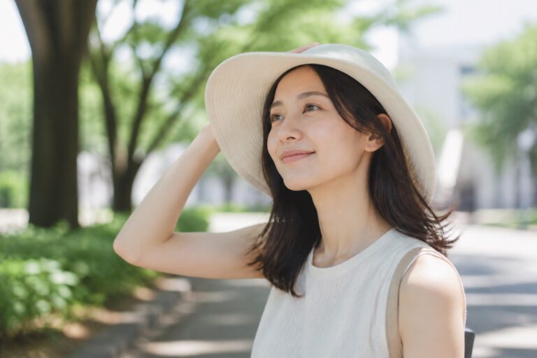 夏の公園でつばの広い帽子をかぶり頭皮を紫外線から守る女性