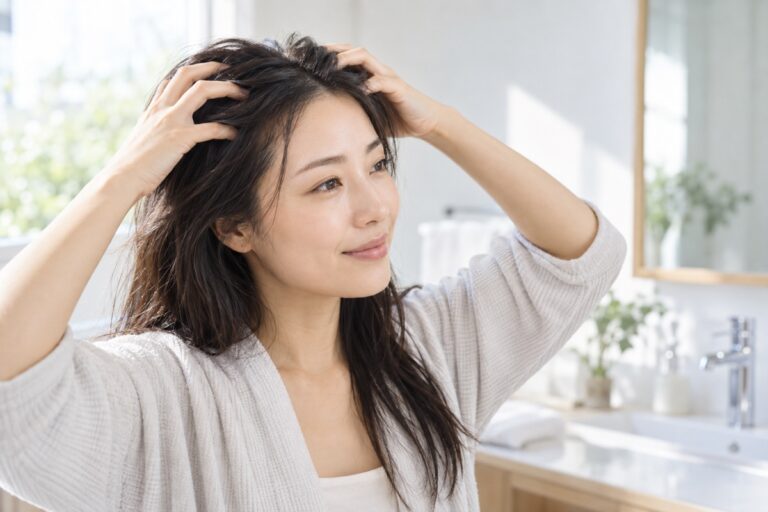 明るい洗面室で指の腹を頭皮に当ててやさしくマッサージする女性