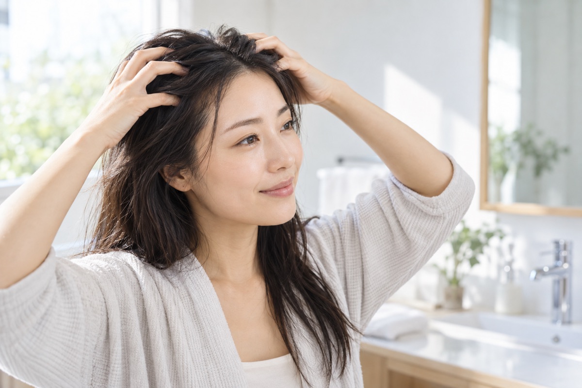 明るい洗面室で指の腹を頭皮に当ててやさしくマッサージする女性