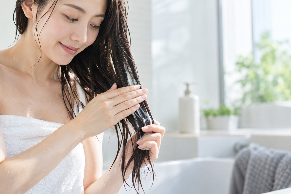 濡れた長い髪の中間から毛先に白いトリートメントをなじませる女性